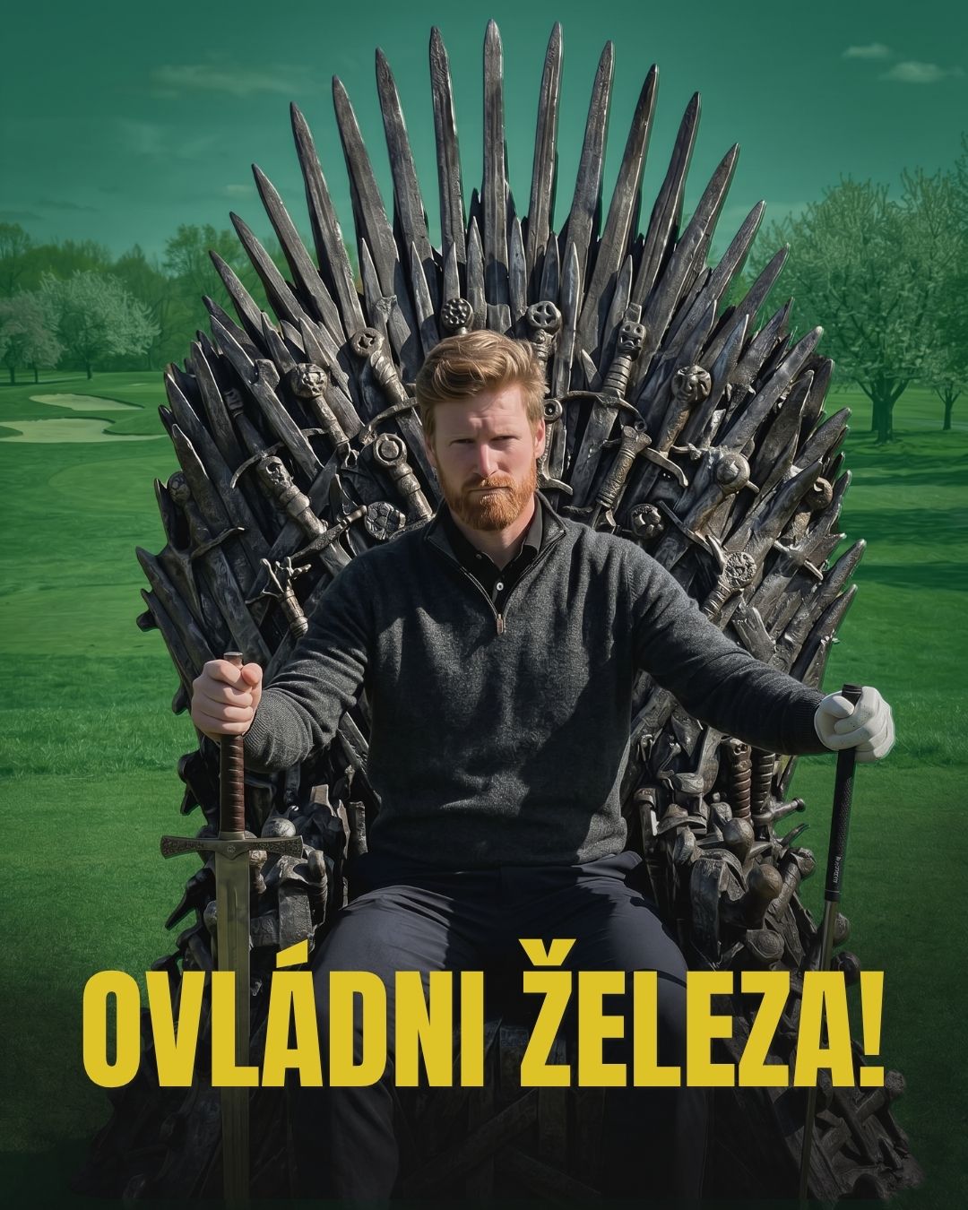 Marek Nový na železném trůnu s golfovou holí